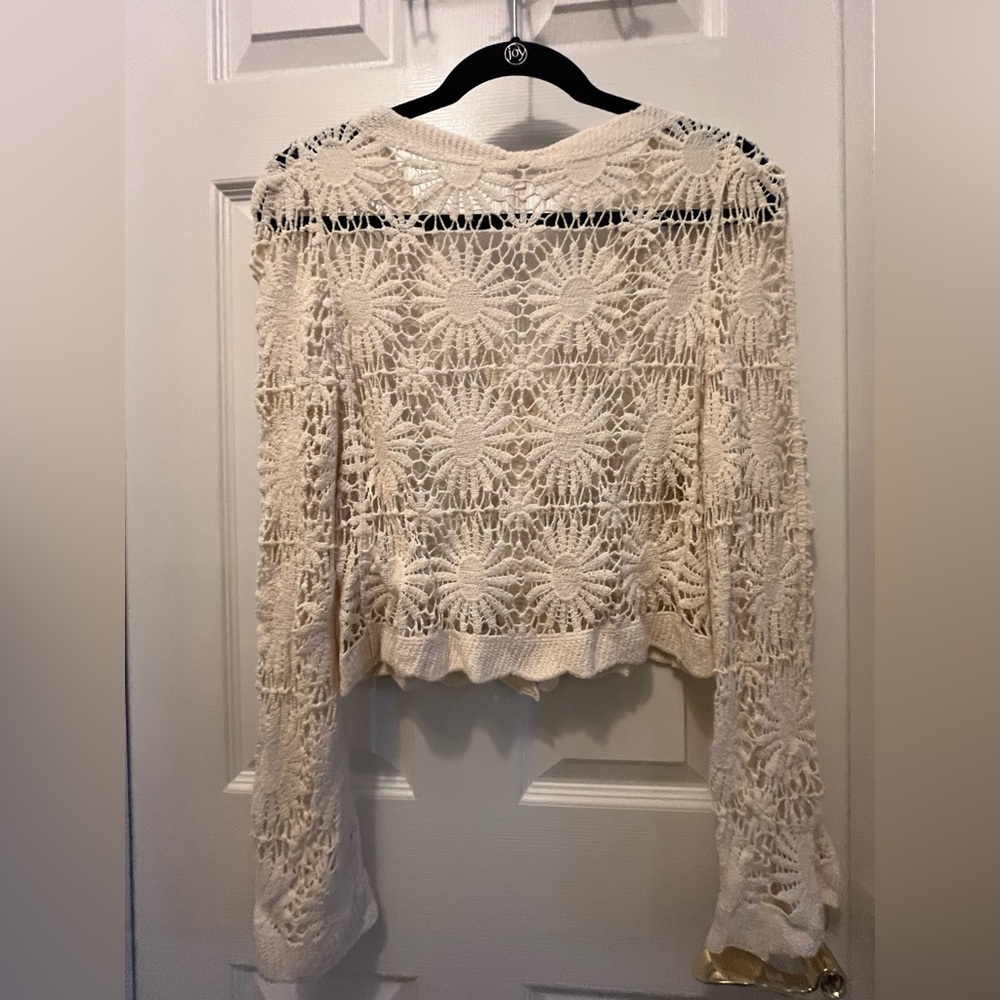 En Creme 100% Cotton Crochet V-Neck Button Front Cardigan - cream Size S/M - Picture 7 of 9